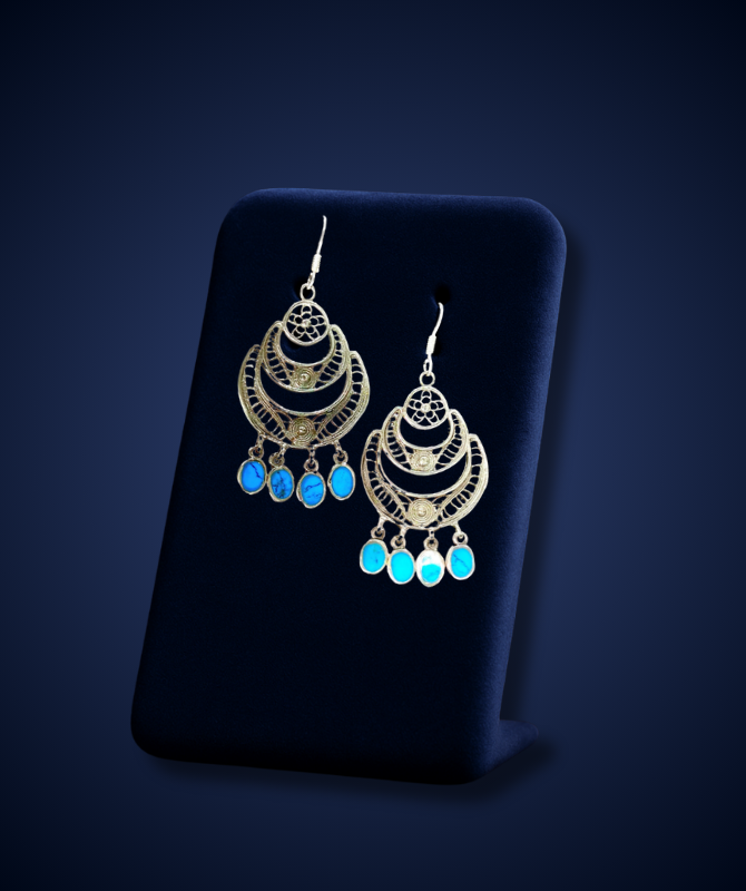 Silver Filigree Dangler Earrings with Blue Turquoise Stones