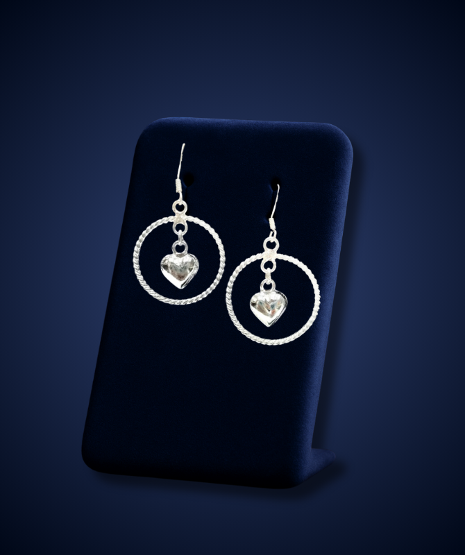 Silver Hoop Earrings with Dangling Heart Charms